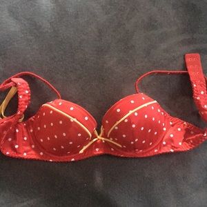 Red and white polka dot bra